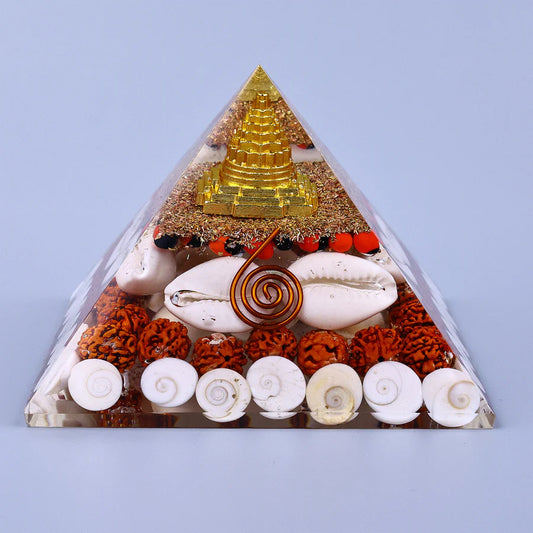 Orgonite Pyramid with Shree Yantra, Rudraksha, Gomti Chakra & Copper Spiral – Positive Energy & Vastu Protection