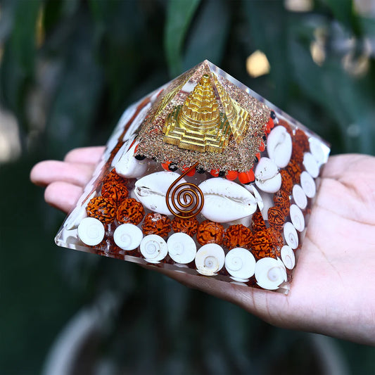 Orgonite Pyramid with Shree Yantra, Rudraksha, Gomti Chakra & Copper Spiral – Positive Energy & Vastu Protection