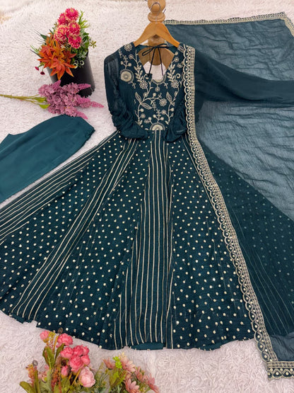 🎉 Festive Collection | Elegant Anarkali Gown Set with Embroidery & Lace | Ready to Wear | Free Shipping! 👗✨