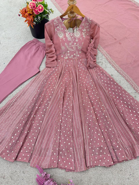 🎉 Festive Collection | Elegant Anarkali Gown Set with Embroidery & Lace | Ready to Wear | Free Shipping! 👗✨